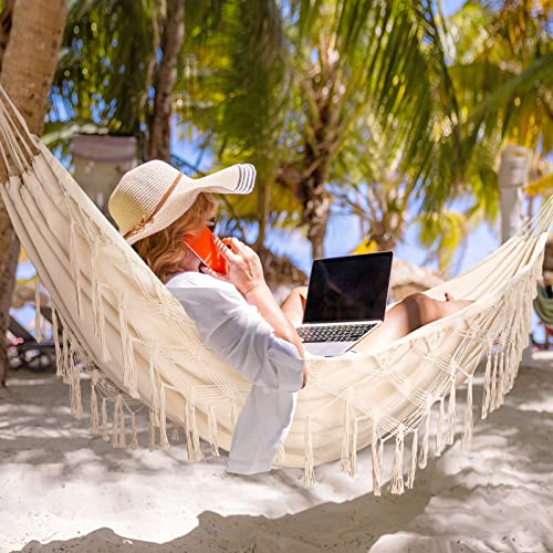 Bellzacasa Double Hammock, Heavy Duty 500 lb Load Capacity Tassels and Fishtail Knitting Portable Camping Hammocks with Mounting Straps for Outdoor Camping Patio Balcony Beige