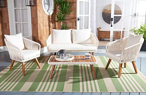 SAFAVIEH Outdoor Collection Ransin Beige/Beige/Natural Solid Wood 4-Piece Conversation Patio Set