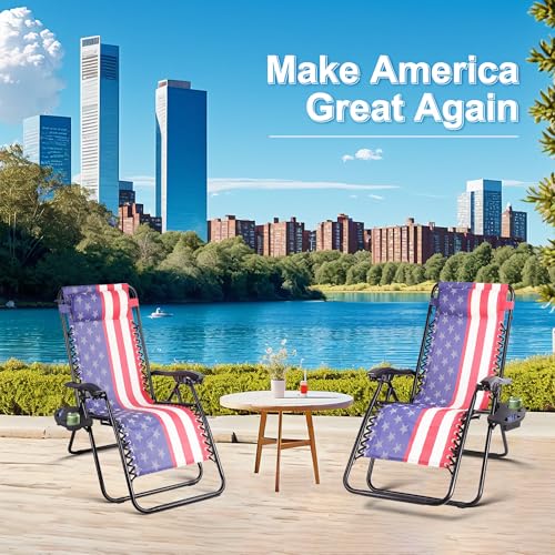 Northroad Set of 2 Zero Gravity Lounge Chairs Adjustable Steel Mesh Relaxing Recliners Outdoor Folding Patio Lawn Chair w/Pillows & Cup Holder Trays - American Flag