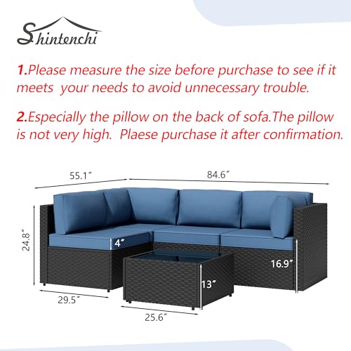 Patio Furniture Sets, 5 Piece Outdoor Sectional Sofas, Wicker Rattan Outdoor Furniture Patio Conversation Set, All-Weather PE Rattan Outdoor Couch for Backyard, Garden, Black & Aegean Blue