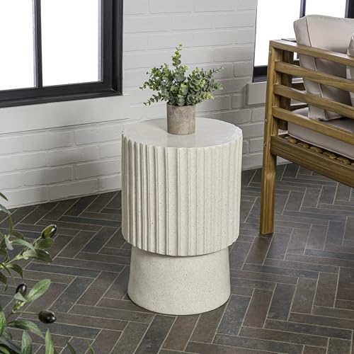 JONATHAN Y Louisa 19" Fluted Outdoor Accent Table, All-Weather Cream Terrazzo Pedestal Garden Stool, Small Round Side Table for Patio, Porch, and Living Room TBL1102B