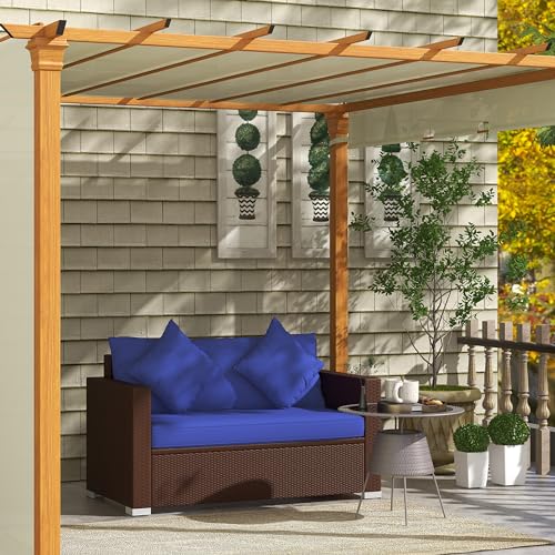 Outsunny Patio Wicker Loveseat with Cushions, 2-Seat Outdoor PE Rattan Couch Sofa with Throw Pillows, for Porch, Backyard, Garden, Poolside, Blue