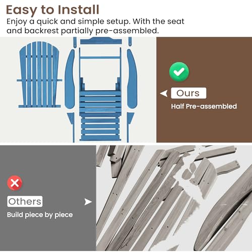 LDB_BUILDING Oversized Folding Adirondack Chair with Retractable Ottoman - Solid Wood Outdoor Lounge Chair for Patio Garden Backyard Porch, Weather-Resistant & Pre-Assembled, Blue