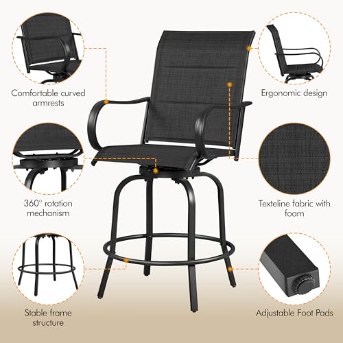 Yaheetech 2 Piece Patio Swivel Bar Stools Texteline Bistro Chairs with High Back/Armrest/Footrest, All Weather Padded Seating Outdoor Furniture Height Outdoor Chairs for Outside, Lawn & Garden