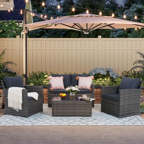 JOIVI 4 Piece Outdoor Patio Furniture Set, All-Weather Wicker Patio Conversation Set, PE Rattan Sofa Set with Loveseat Chair and Tempered Glass Coffee Table, Dark Gray