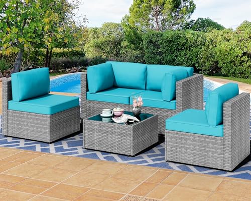 Shintenchi 5 Pieces Outdoor Patio Furniture Sets, Patio Sectional Sofa Couch, Gray PE Wicker Furniture Modular Patio Conversation Sets Patio Sofa with Washable Cushions & Table（Blue）