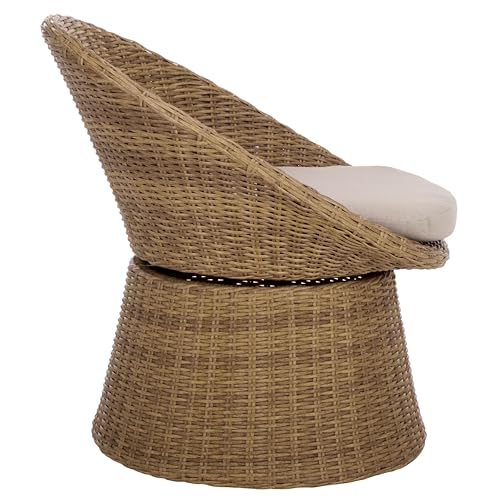 SAFAVIEH Outdoor Patio Furniture Collection – Drew Natural Rattan Swivel Barrel Chair with Taupe Cushion (PAT7543A)