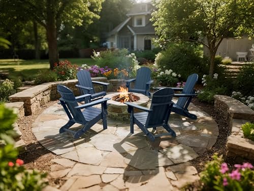 CLOUDEEP Folding Adirondack Chairs, HDPE Plastic Adirondack Chair with Cup Holder Weather Resistant, Wood Texture Outdoor Fire Pit Chairs for Patio Garden,Poolside and Deck, Umbrella Hole, Dark Blue