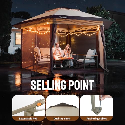 CROWN SHADES 13x13 Pop Up Gazebo with Mosquito Nettings, Patented CENTERLOK 6-Sided Portable Gazebo, 300D Silver-Coated Fabric UV Resistant, Pop Up Canopy Tent for Patio, Party, Beige&Coffee