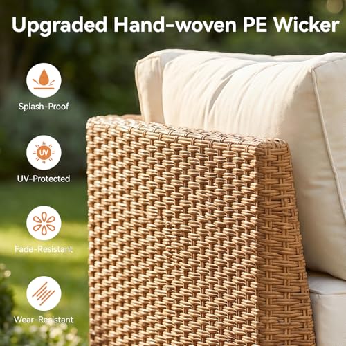 Aoxun 7-Piece Patio Furniture Set, Wicker Outdoor Furniture with Water Resistant Thick Cushions, Patio Conversation Set Outdoor Sectional Sofa with Coffee Table for Backyard Poolside, Beige