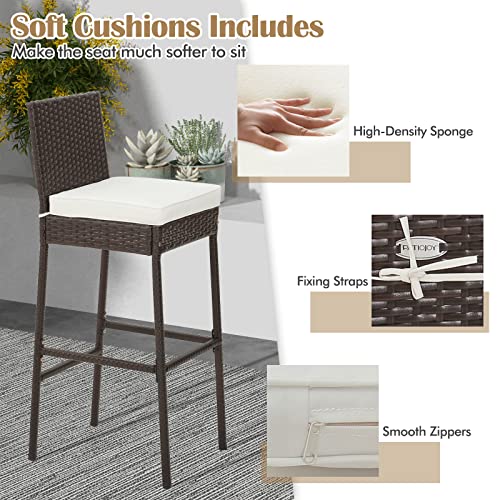 COSTWAY Outdoor Wicker Bar Stools Set of 4, 30'' Patio Bar Height Chairs with Cushion, Footrest and Backrest, Rattan Barstools for Backyard Poolside Deck (Brown)
