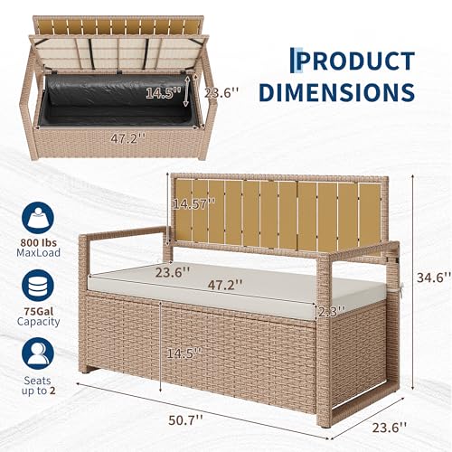 Outdoor Storage Bench with Cushion, 2-Person All-Weather PE Rattan Patio Bench with Backrest & Armrests, Waterproof Wicker Deck Box Seat for Garden, Porch, Poolside & Backyard, Metal Frame，Yellow