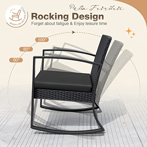 Greesum 3 Pieces Outdoor Furniture Set Patio Bistro Rocking Chairs with Glass Coffee Table for Pool Beach Backyard Balcony Porch Deck Garden, Dark Black