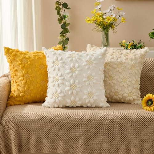 DFXSZ Spring Summer Pillow Covers 18x18 inch Set of 2 Farmhouse Decor Yellow Color Flower Heart Sunflower Soft Plush Faux Fur Jacquard Throw Pillows for Sofa Holiday Spring Home Decor PTK024C18