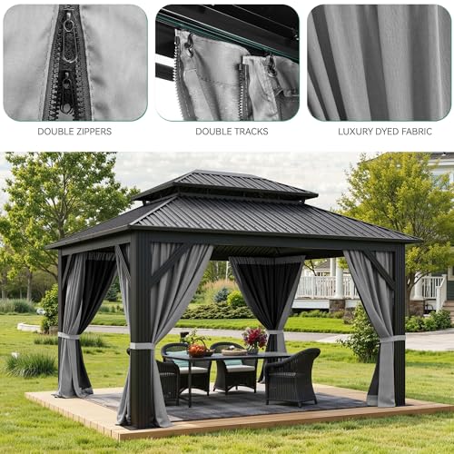 YITAHOME 12x14ft Hardtop Gazebo with Nettings and Curtains, Heavy Duty Double Roof Galvanized Steel Outdoor Combined of Vertical Stripes Roof for Patio, Backyard, Deck, Lawns, Gray