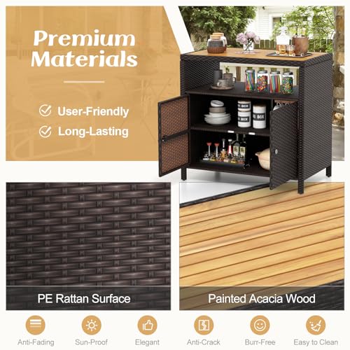 Tangkula Rattan Outdoor Storage Cabinet, Patiojoy Outdoor Cabinet with Acacia Wood Countertop, Open Compartment, 2-Door Wicker Sideboard, Outdoor Bar for Patio Garden Backyard Poolside (Mix Brown)
