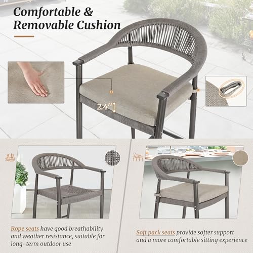Cozyman Bar Stools Set of 4, 24.8'' Aluminum Outdoor Bar Stool with Removable Cushion, Boho Rattan BarStools, Olefin Rope Woven Bar Chairs with Footrest for Patio, Garden, Pool, Kitchen, Gray