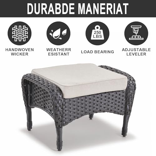 Belord Outdoor Ottomans for Patio Foot Rest - 25 Inch PE Wicker Foot Stool Set of 2 with Removable Cushions for Patio Furniture Sets,All Weather Rattan Ottoman for Balcony Backyard Black/Beige