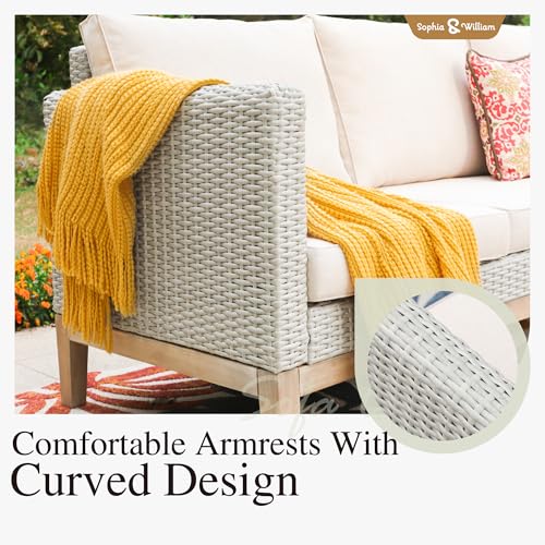 Sophia & William Patio Furniture Set, 5-Piece Wicker Patio Conversation Set, Rattan Outdoor Sectional Sofas with Ottomans & Wooden Coffee Table, Beige