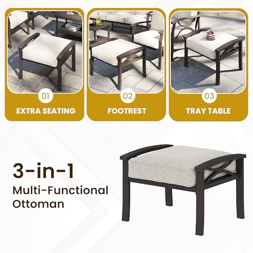 FansaFurn Outdoor Ottoman Set of 2, Multipurpose Metal Outdoor Patio Furniture for Backyard, Proch, Additional Seating, Side Table with Removable Washable Cushions, Khaki/Khaki