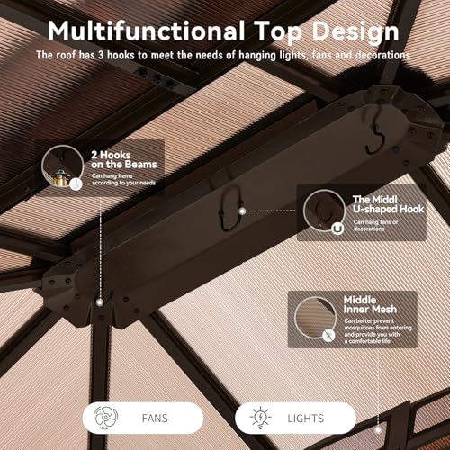 Aoxun 12'x10' Hardtop Gazebo, Aluminum Frame Permanent Pavilion with Curtains and Netting, Outdoor Polycarbonate Double Roof Canopy, Designed for Garden, Lawns, Patio, Brown