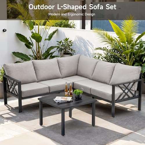 Patio Furniture Set, 6-piece Metal Sectional Furniture Sofa with Coffee Table, L Shaped Outdoor Couch with Olefin Cushion, Highback Frame, Outdoor Patio Conversation Sets for Balcony Backyard, Grey
