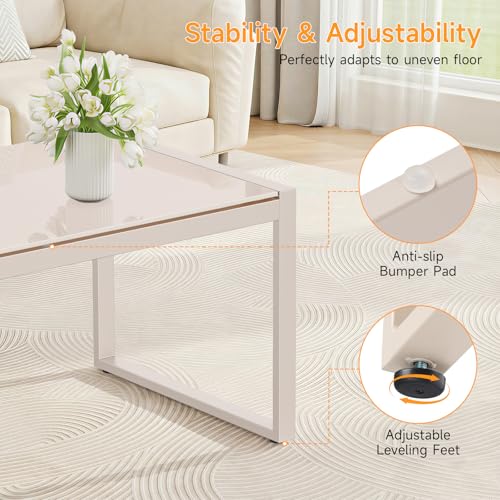 ONBRILL Rectangle Coffee Table with Tempered Glass Desktop, Galvanized Frame Outdoor Coffee Table with Adjustable Feet for Patio, Balcony, Deck, Living Room, Sand