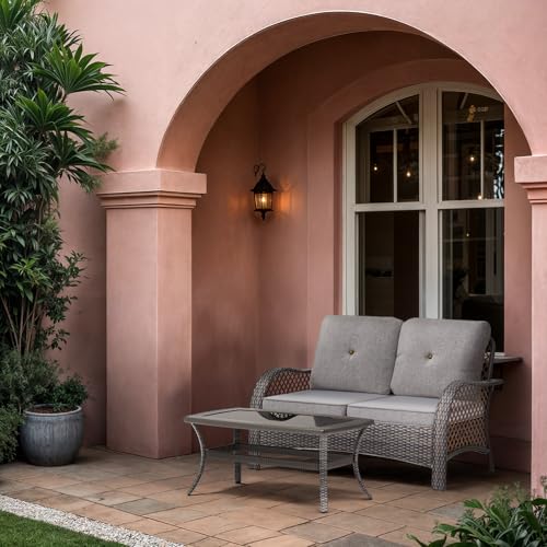 Magshion Outdoor Patio Loveseat Set, 2 Seat Sofa Furniture Set with Soft Cushions and SideTable, All-Weather Rattan Conversation Couch for Backyard, Balcony, and Deck, Grey