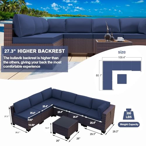 Kullavik 12PCS Outdoor Patio Furniture Set,PE Wicker Rattan Sectional Sofa Patio Conversation Sets with Tempered Glass Table,Swivel Rocking Chairs Set,Navy Blue