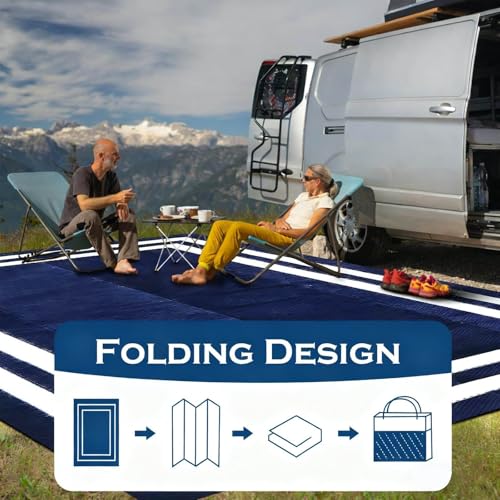 8'x 10' Outdoor Rug,Waterproof Reversible Patio Rugs,8x10 ft Plastic Straw Outdoor Carpet Foldable Plastic Camping Mat for Outside RV, Patio,Picnic,Camper,Balcony,Porch(Navy Blue &White)
