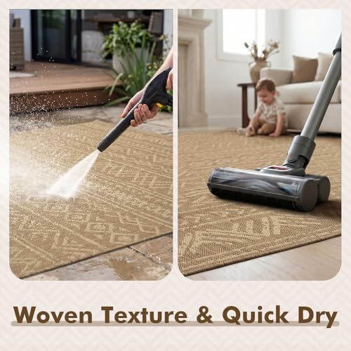MontVoo-Outdoor Rug-Patio Rug 8x10 Polypropylene Indoor Outdoor Rug Outdoor Carpet for Patio Deck Balcony Porch, Textured Weave, Durable for High Traffic, Fade-Resistant, Boho Farmhouse Neutral Brown