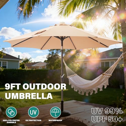 Tioline 9FT Solar-Powered LED Patio Umbrella with Tilt Crank,Outdoor Market Umbrella with 32 Lights,Sunshade for Deck, Garden and Pool,Beige