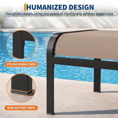 Outdoor Ottoman Set of 2, Outdoor Foot Stool with Textliene Fabric, Metal Frame, Stackable Oversized Foot Rest for Patio Garden Pool, Light Brown