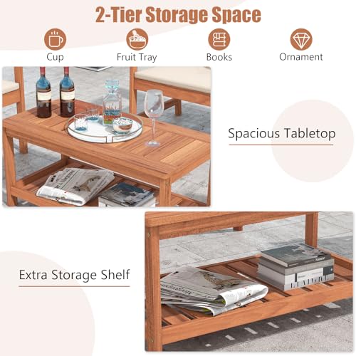 Tangkula Wood Outdoor Coffee Table, 2-Tier Patio Coffee Table with Slatted Hardwood Tabletop & Storage Shelf, Rectangle Wood Table for Deck, Garden, Balcony, Indoor or Outdoor Use (Natural)
