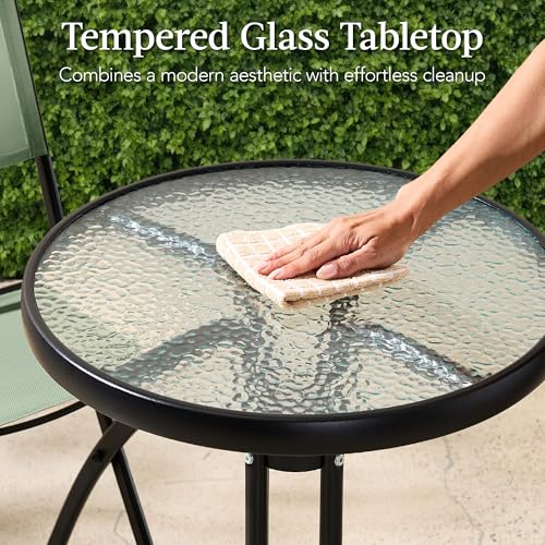 Best Choice Products 3-Piece Patio Bistro Dining Furniture Set w/Textured Glass Tabletop, 2 Steel Folding Chairs, Polyester Fabric - Sage