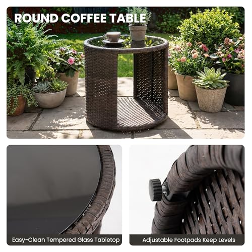 DAYAOUTDOOR 3 Piece Outdoor Patio Bistro Set with Storage, Wicker Conversation Chair Set with Glass Table, Modern Balcony Furniture for Garden, Porch, Backyard, Brown