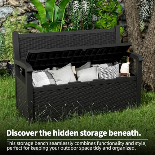 PatioZen 80 Gallon Outdoor Storage Bench Deck Box Waterproof Lockable,Outdoor Storage Furniture for Patio,Garden and Porch,Tools and Cushions（Black）
