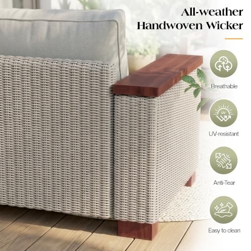 PaPaJet Outdoor Loveseat Patio Sofa, Wicker Couch with Solid Armrests & Legs, 4.7" Thick Cushion, UV-Resistant Modular Sofa for Porch, Backyard, Garden