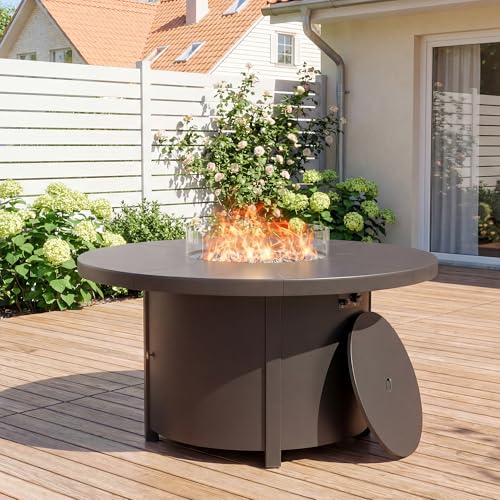 RTDTD 48" Round Propane Fire Pit Table,55000 BTU Round Firepit,Outdoor Fire Pit with Fire Glass,Lid,Waterproof Cover and Blue Glass Stone for Backyard,Garden,Patio
