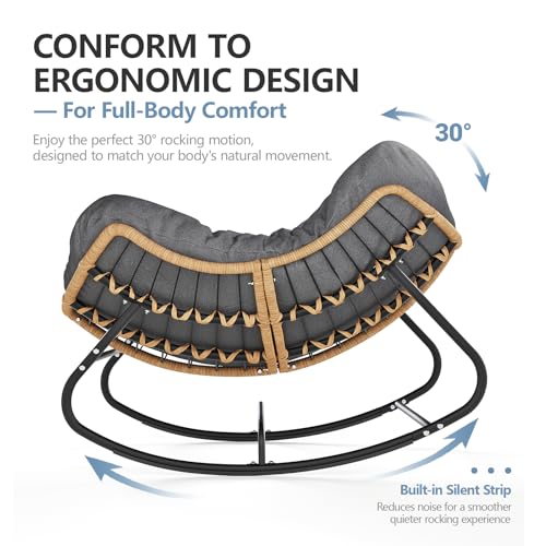 SWITTE Outdoor Rocking Chair, Oversized Patio Papasan Rocker, Comfy Wicker Reading Lounge, Indoor Bed-Like Egg Chair for Bedroom,Balcony, Porch, Garden, Dark Grey