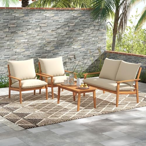 Tangkula 4 Pieces Patio Furniture Set, Outdoor Acacia Wood Conversation Set with Soft Cushions and Coffee Table, Outdoor Sectional Sofa Set for Lawn, Garden, Backyard and Poolside (1, Natural)