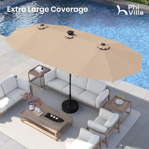 PHI VILLA 13ft Patio Umbrella with Solar-Powered 120 PCS LED Color-Changing Lights, Triple-Head Large Rectangle Umbrella Outdoor Patio for Table with Crank Lift,Beige(No Base)