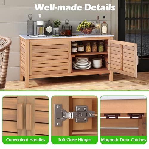 Goplus Patio Storage Cabinet, 2-Door Acacia Wood Console Table with Faux Marble Top, Outdoor Wooden Sideboard for Deck, Garden, Backyard & Entryway