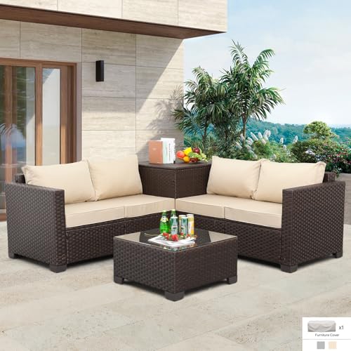 Valita Wicker Patio Furniture Set 4 Pieces Outdoor Sectional Conversation Sofa Set with Storage Box and Glass Table with Cushions and Furniture Covers, Khaki