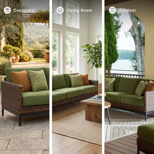 Signature Design by Ashley Horizon Hall Outdoor Sofa with Cushions, Rust-Resistant Aluminum Frame, Handwoven Resin Wicker 3-Seat Patio Couch for Deck or Sunroom, Green/Brown, 88" W