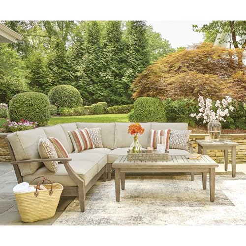 Signature Design by Ashley Clare View Symmetrical Contemporary 3-Piece Outdoor Sectional with Cushion and 6 Throw Pillows, Beige