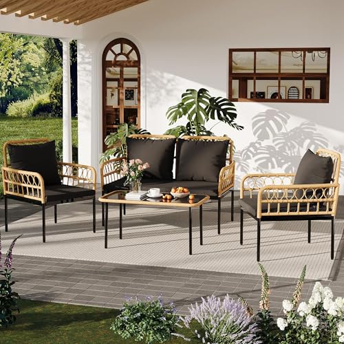 TrailBlaze 4 Piece Patio Conversation Set with Loveseat, Boho Wicker Outdoor Furniture with Glass Side Table & Detachable Cushions, All-Weather Balcony Set for Backyard Porch - Black