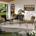 TrailBlaze 4 Piece Patio Conversation Set with Loveseat, Boho Wicker Outdoor Furniture with Glass Side Table & Detachable Cushions, All-Weather Balcony Set for Backyard Porch - Black