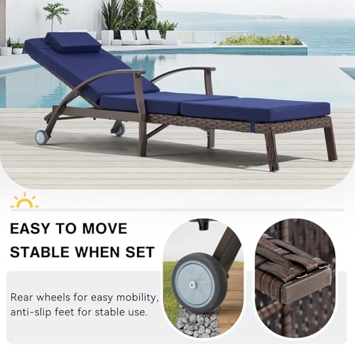 Mvpipi Outdoor Chaise Lounge Chairs Set of 2 with Wheels & Adjustable Backrest, Pool Lounge Chairs Set of 2 with Cushions, Wicker Poolside Lounge Chairs for Patio Deck Backyard, Blue