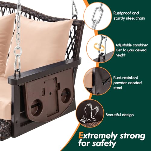ZZW Upgraded Wicker Hanging Porch Swing Heavy Duty 900lbs 3-Seat Outdoor Patio Swing Chair Bench for Adult w/ 8.9ft Hanging Chains Cushions and Cup Holder